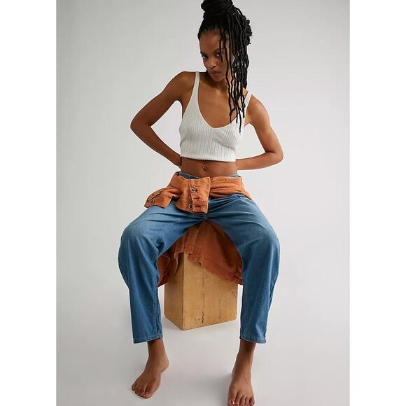 New Free People WTF Luna Pull-on Denim Relaxed Straight Leg Jeans Stardust Blue